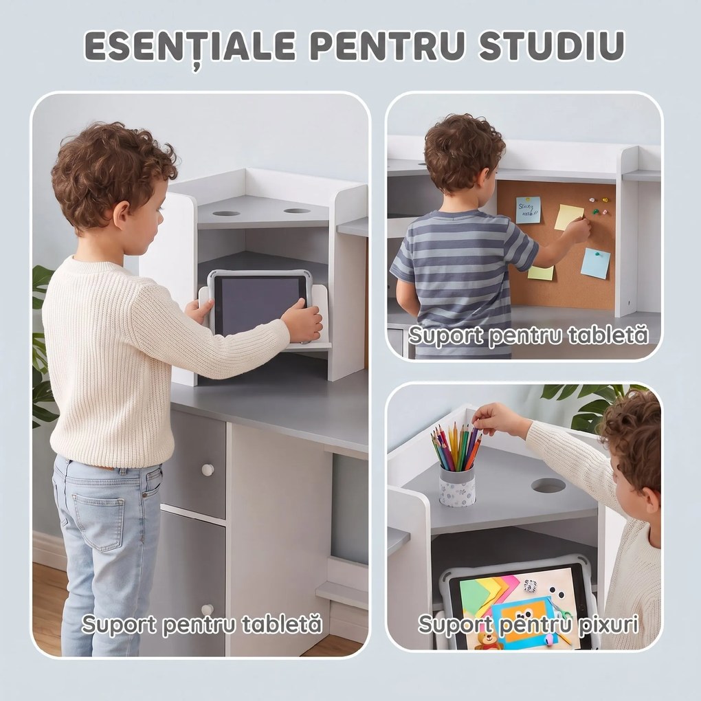 AIYAPLAY Set birou și scaun pentru copii cu suport pentru pixuri, suport reglabil pentru tabletă, dulapuri și tablă din plută, gri | Aosom Romania