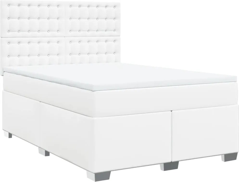 vidaXL Pat box spring cu saltea, alb, 140x190 cm, piele ecologică