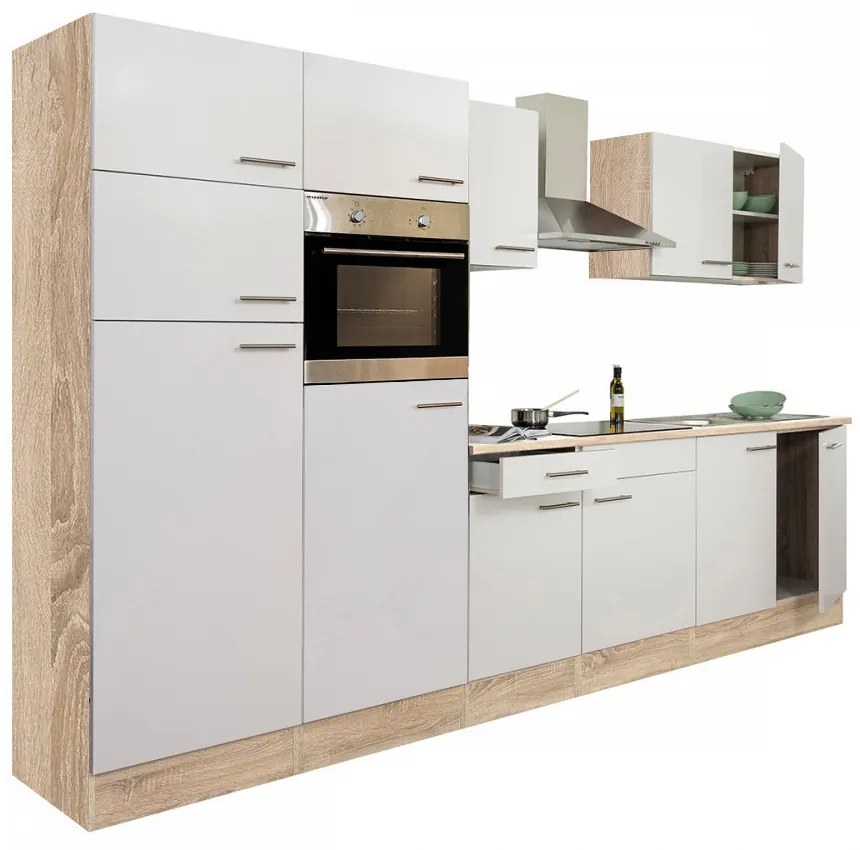 Mobilă de bucătărie Yorki 330, corp din stejar Sonoma, cu față alb satinat