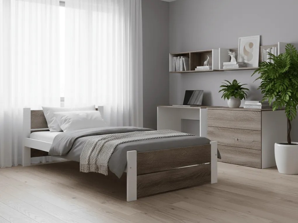 Pat de o persoana IKAROS DOUBLE 90 x 200 cm, alb/stejar trufa Saltele: Cu saltele Coco Maxi 20 cm, Somiera pat: Cu lamele drepte