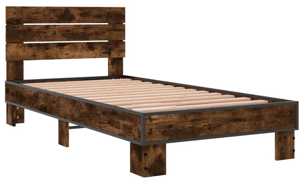 845749 vidaXL Cadru de pat, stejar fumuriu, 75x190cm, lemn prelucrat și metal