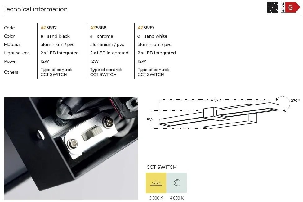 Aplica LED pentru oglinda/tablou IP44 ARNO CCT SWITCH alba