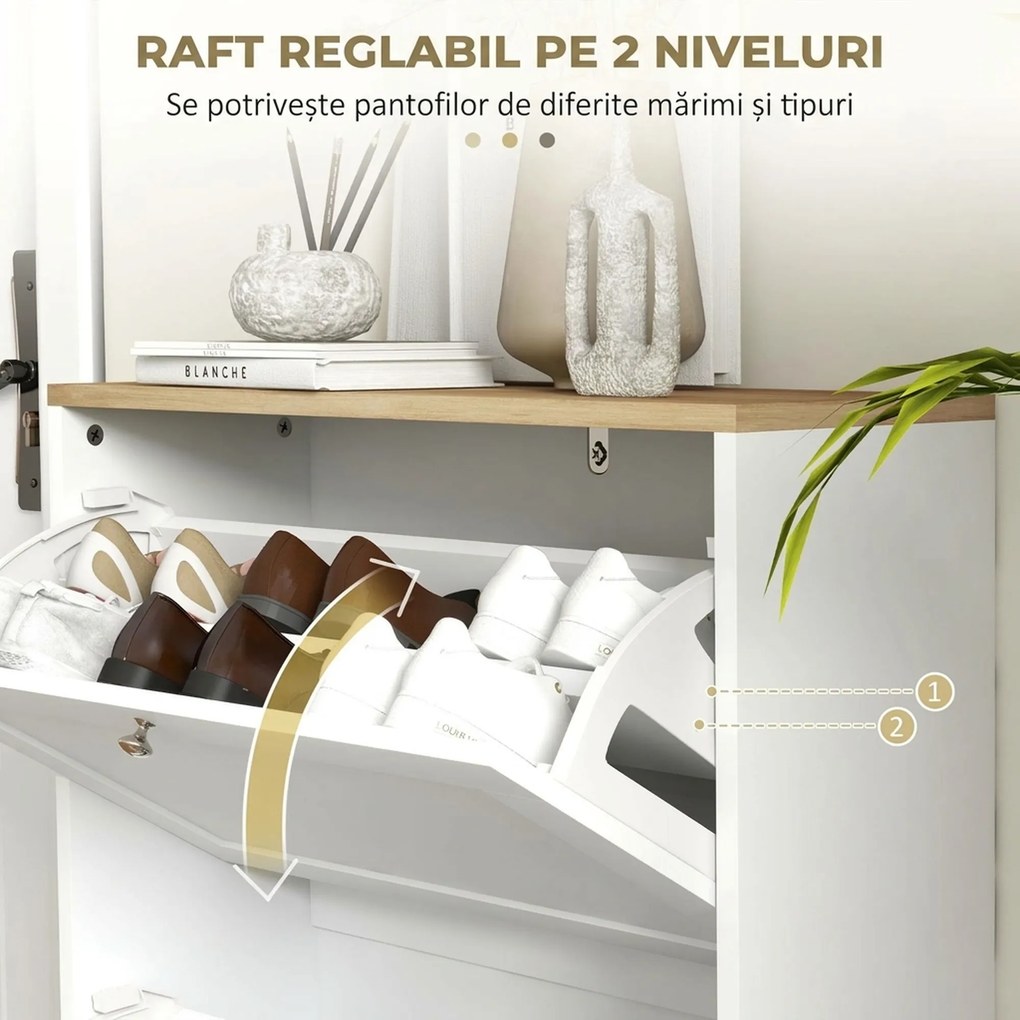 HOMCOM Pantofar Slim cu 2 Uși Rabatabile, Rafturi Reglabile și Detașabile, pentru 8-12 Perechi, 60x23,5x80 cm, Alb | Aosom Romania
