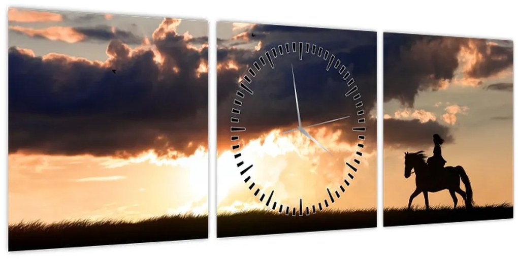 Tablou - Rider pe un cal la apus de soare (cu ceas) (90x30 cm)