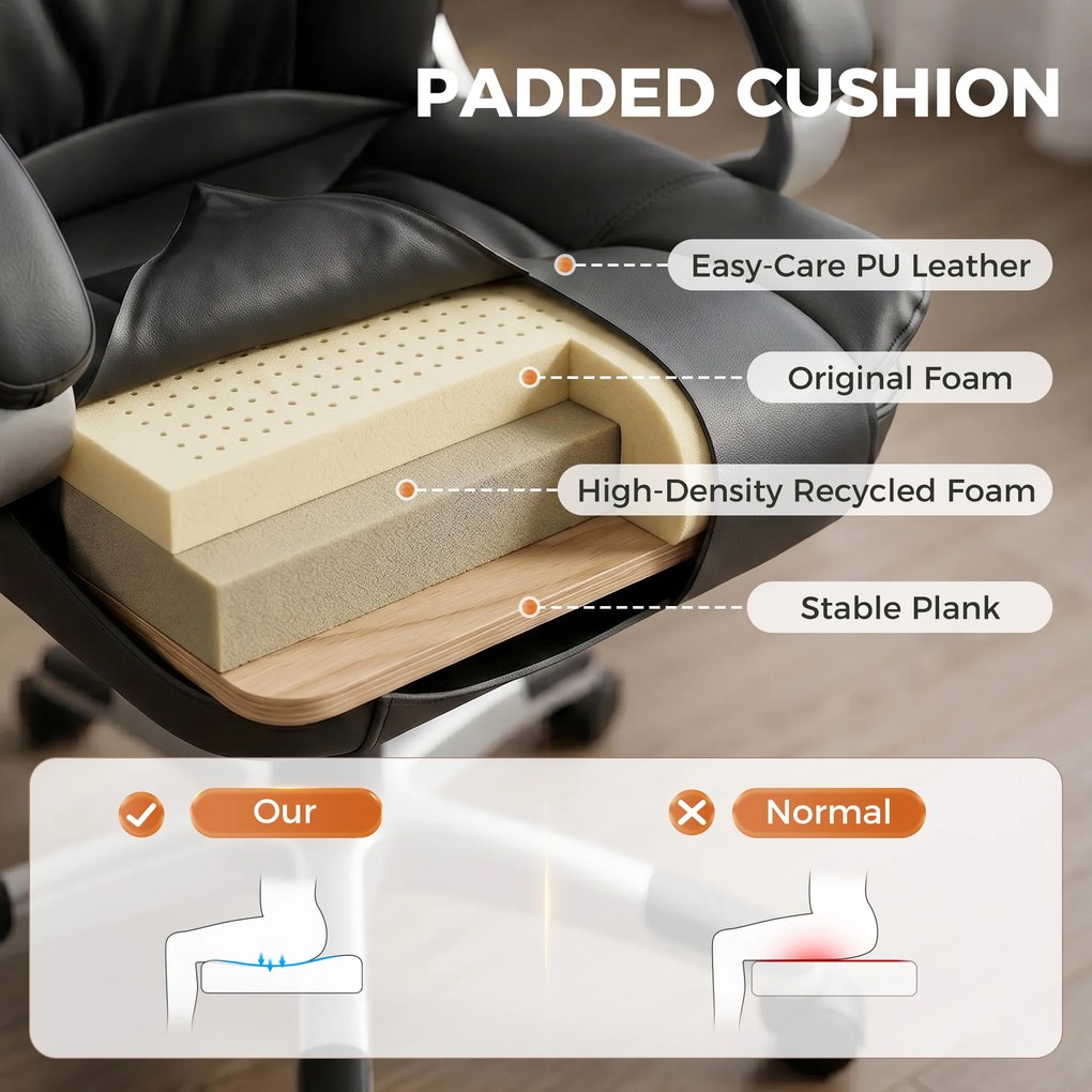 HOMCOM Scaun Birou Ergonomic Rotativ din Piele PU, Funcție Legănare, Înălțime Reglabilă, Capacitate 120kg, Negru | Aosom Romania