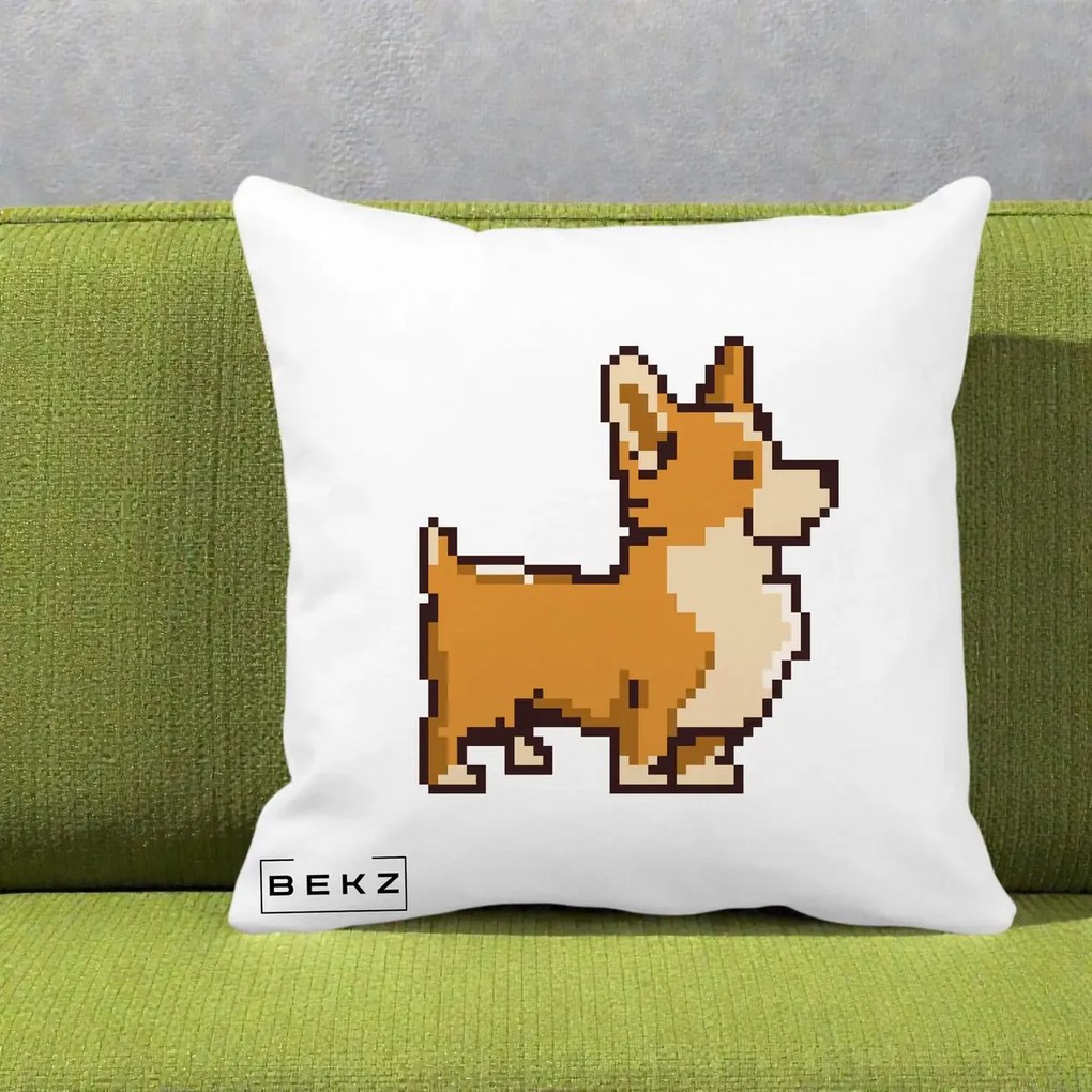 Perna Personalizata Corgi Pixel Art, 40x40 cm, Alba Mata, Husa Detasabila, Perna Inclusa, BEKZ®