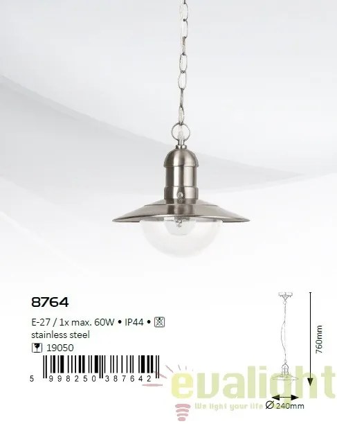 Lustra, Pendul de exterior cu protectie IP44, finisaj otel inoxidabil, diametru 24cm, Oslo 8764 RX