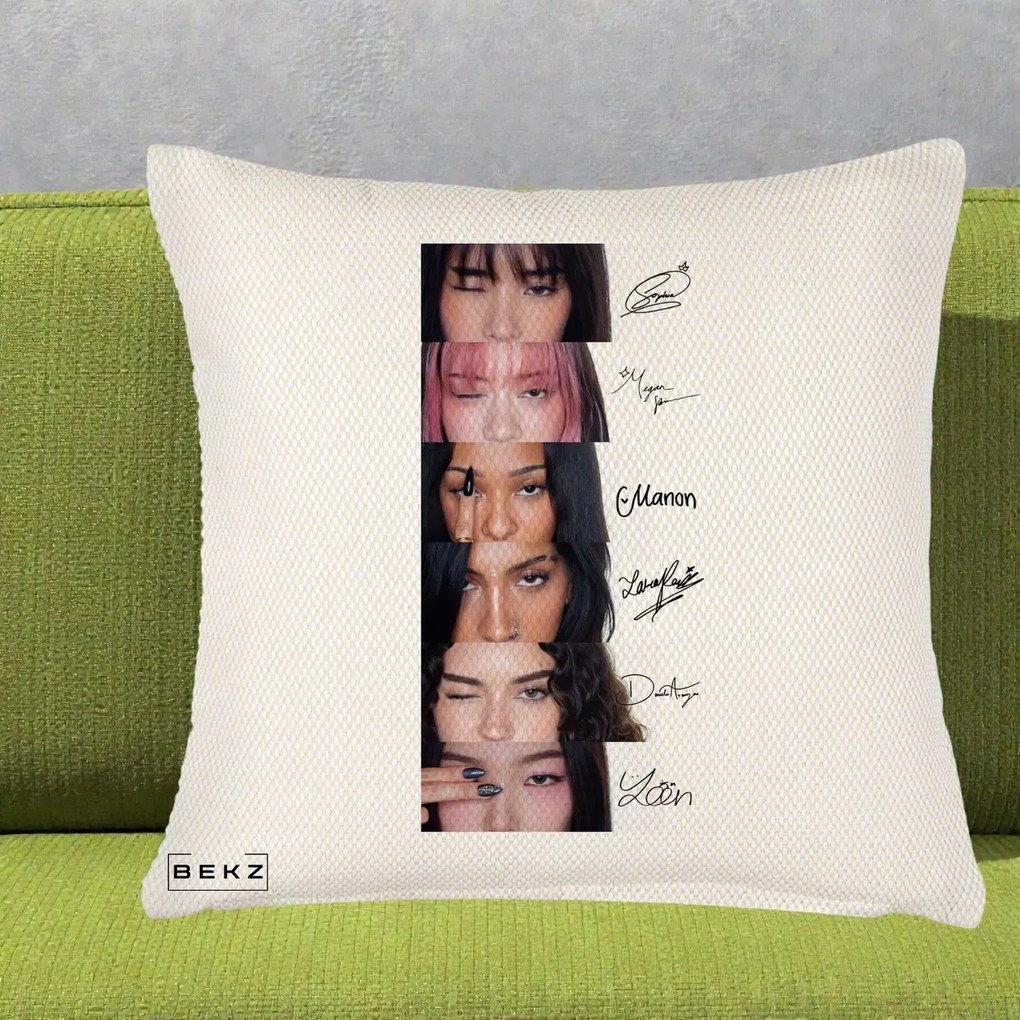 Perna Personalizata K-pop KATSEYE Semnaturi fara Foto, 40x40 cm, Crem Reliefat, Husa Detasabila, Perna Inclusa, BEKZ®