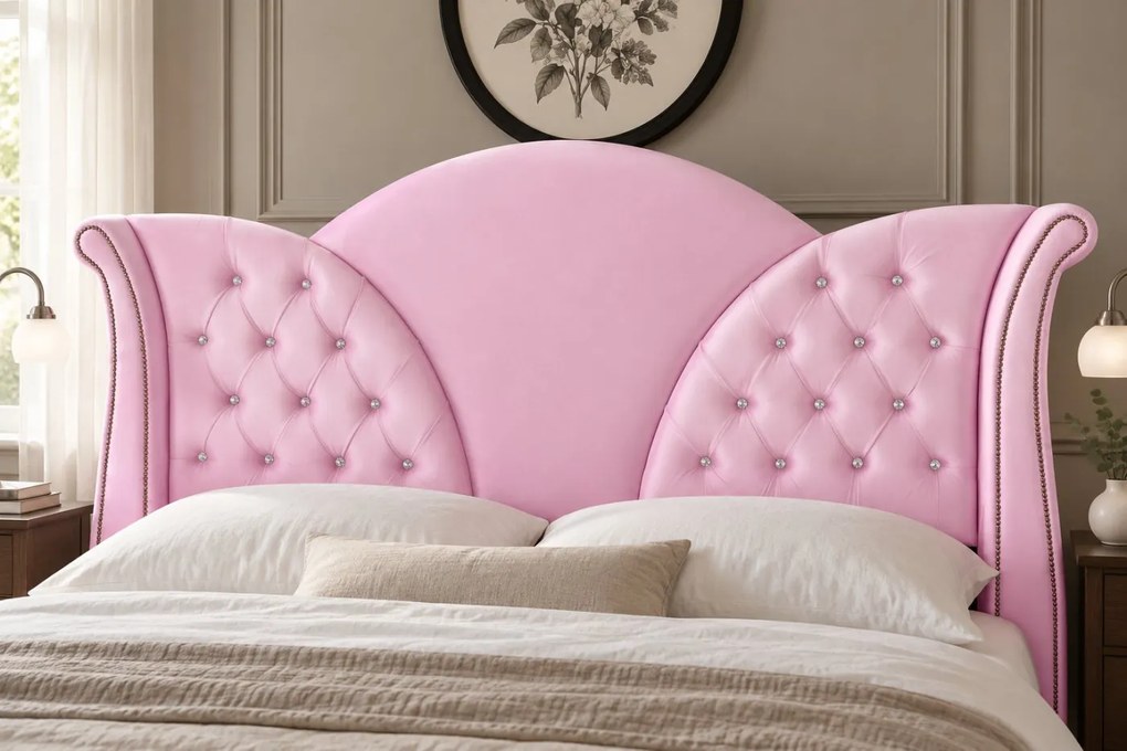 Pat tapițat Chesterfield din catifea Velora Deluxe 180×200 cm, roz, cu ladă de depozitare
