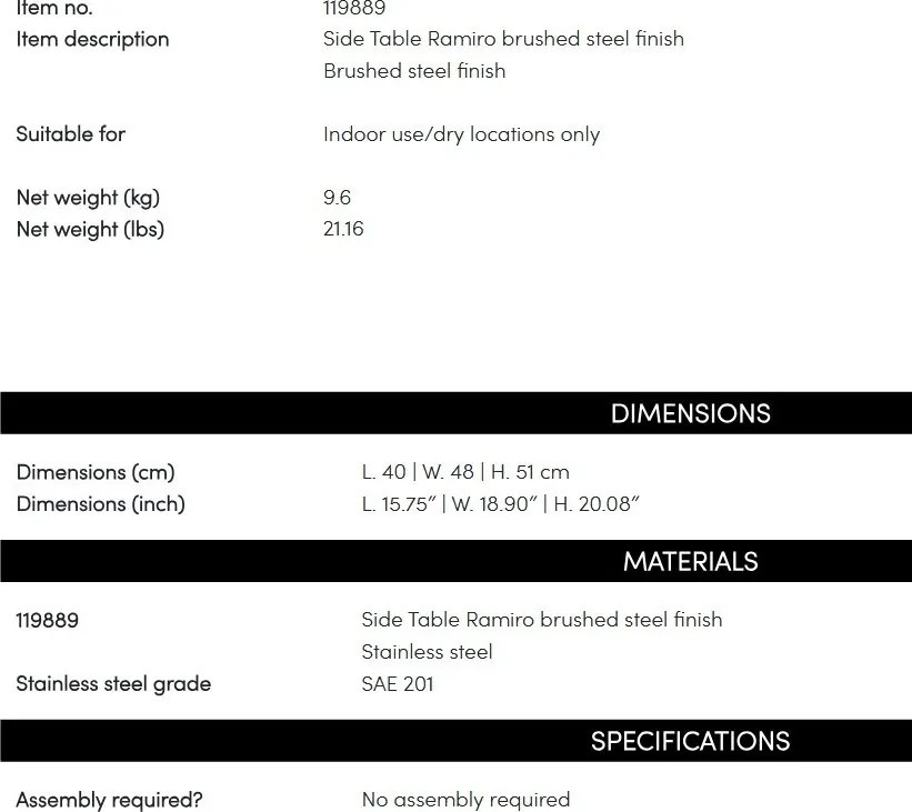 Masuta auxiliara LUX, Otel inoxidabil, Ramiro