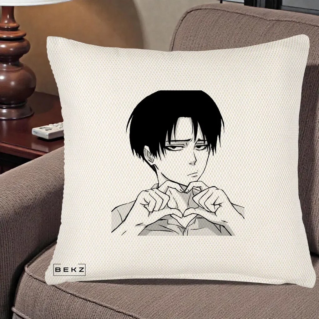 Perna Personalizata Levi Ackerman Inima, 40x40 cm, Crem Reliefat, Husa Detasabila, Perna Inclusa, BEKZ®