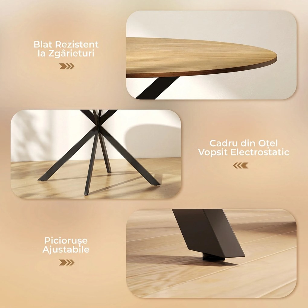 HOMCOM Masă Rotundă de Sufragerie pentru 4 Persoane cu Structură din Oțel Ø120x75 cm Stejar | Aosom Romania
