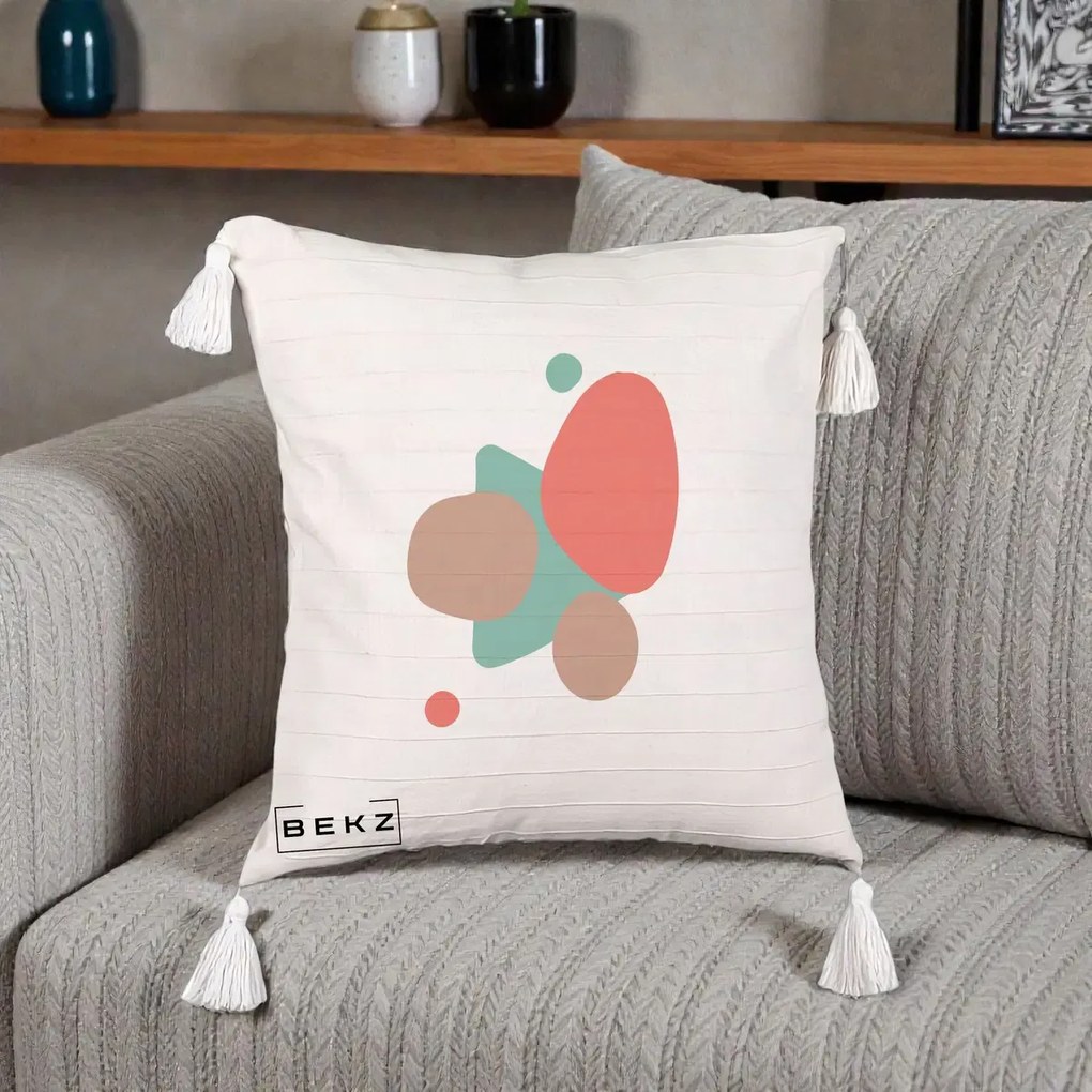 Perna Decorativa Abstract Forme Coral Turcoaz, 40x40 cm, Bej cu Franjuri, Husa Detasabila, Perna Inclusa, BEKZ®