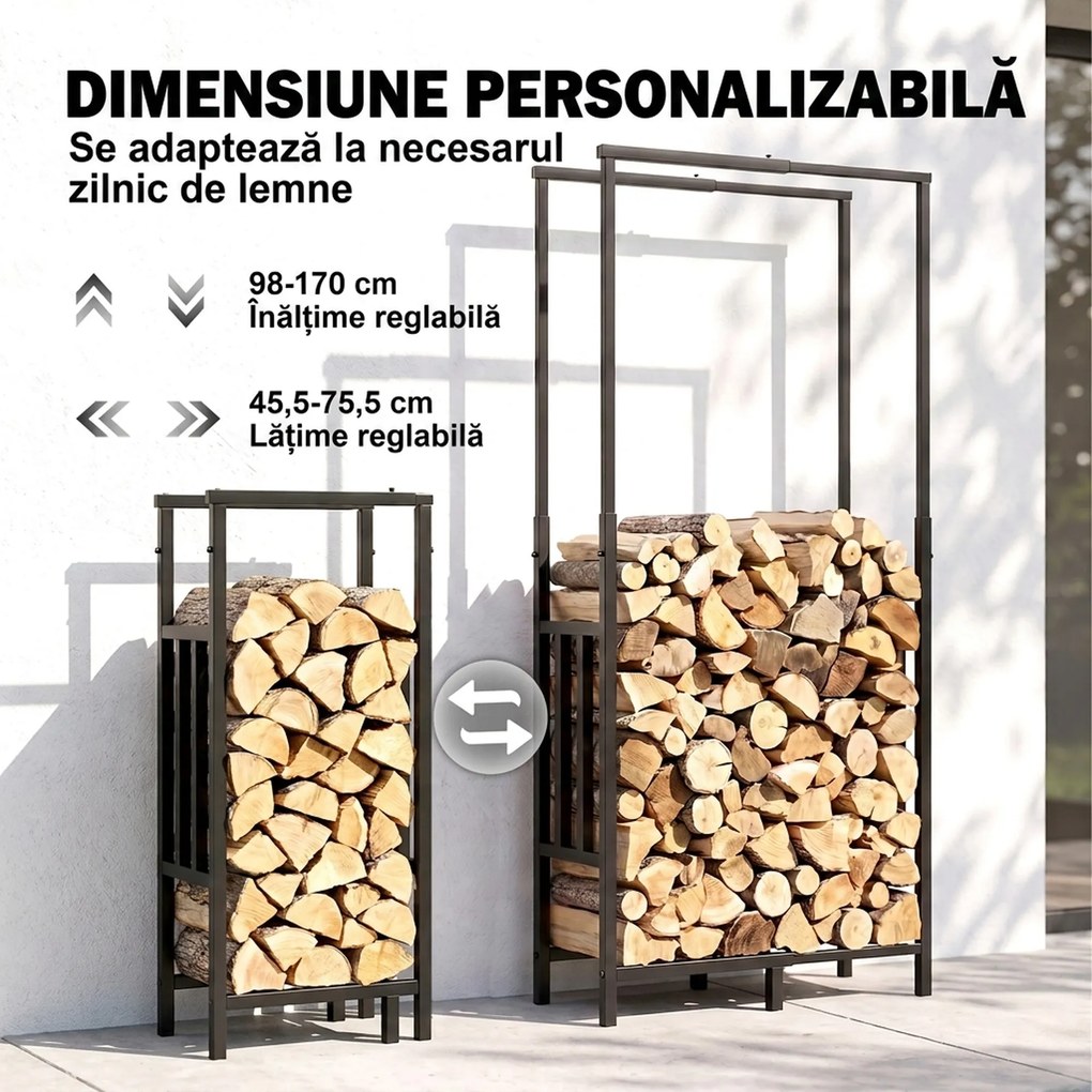 Outsunny Suport pentru Lemne de Interior și Exterior, Reglabil, cu Bază Înălțată, din Oțel, Negru | Aosom Romania