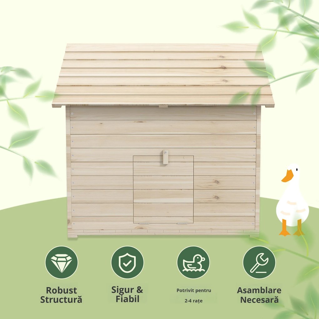 PawHut Adăpost pentru rațe cu acoperiș rabatabil, coteț pentru păsări cu podea ridicată și rampă, lemn de brad, 100 x 82,5 x 91 cm | Aosom Romania
