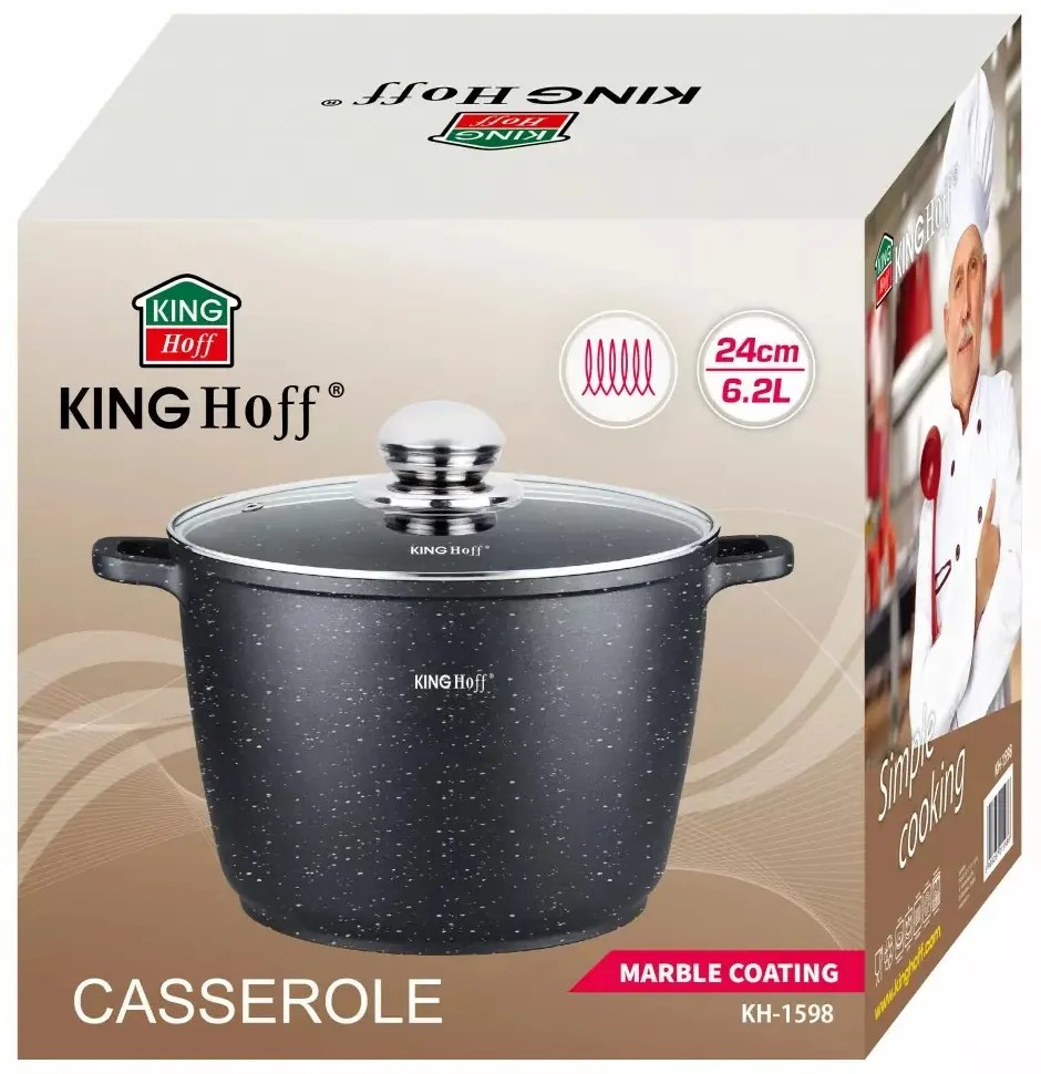 Oală cu capac 24 cm, 6.2L – Kinghoff KH 1598, cu strat antiaderent marmură, neagră, compatibilă cu toate plitele