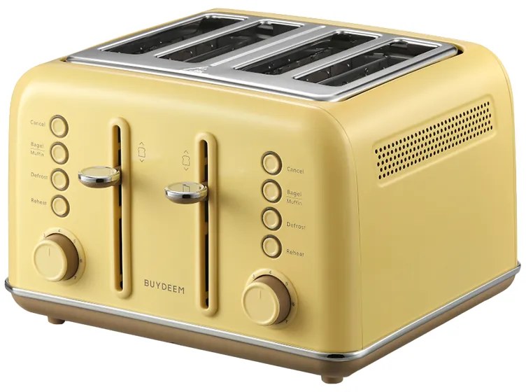Prajitor de paine BUYDEEM DT640E, 1800W, 4 felii, 7 programe automate, 7 trepte de prajire, Indicatori LED, Tava firimituri, Pop-up inalt, Galben