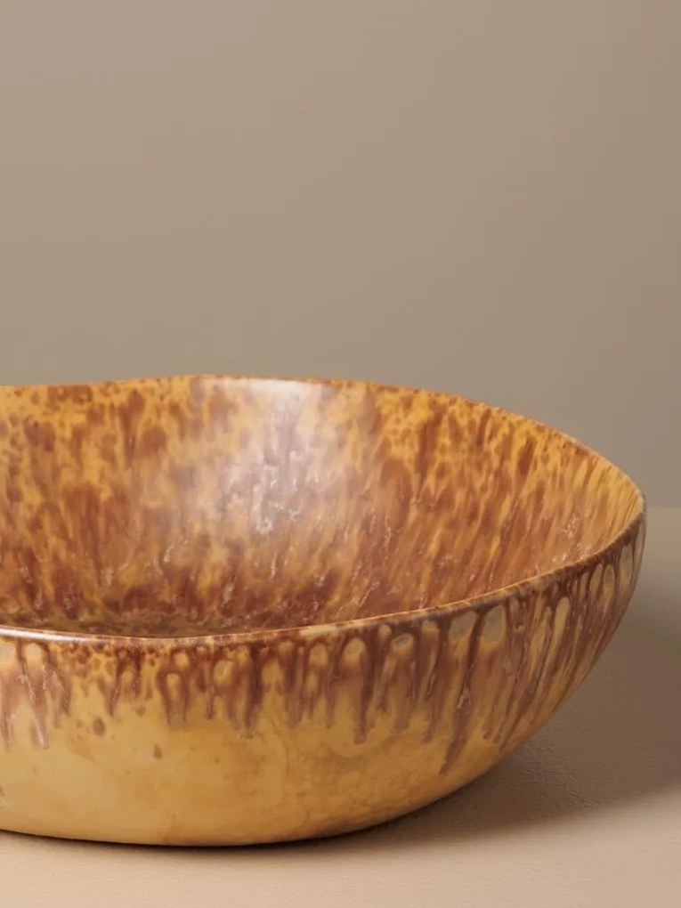 Bol pentru salată din ceramică, muștar și maro, formă organică, scurgeri maro pe margine, finisaj glazurat, 7,2 x 30 cm, „Intense”