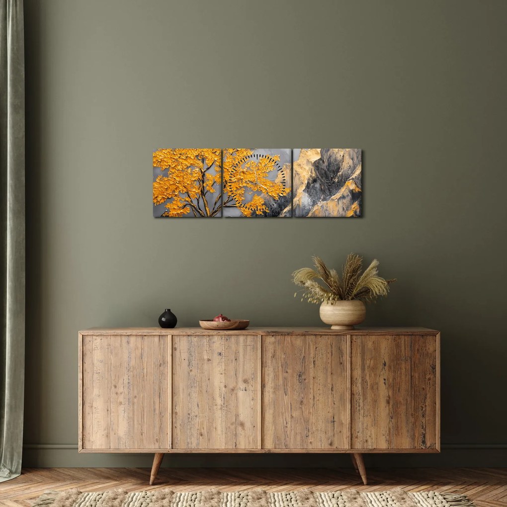 Tablou – Arbore auriu în munți (cu ceas) (90x30 cm)