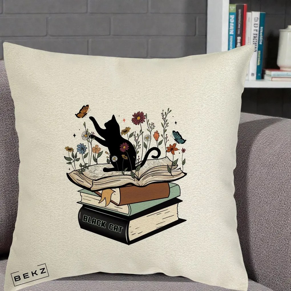 Perna Personalizata Pisica Neagra Carti Flori Fluturi, 40x40 cm, Ecru, Husa Detasabila, Perna Inclusa, BEKZ®