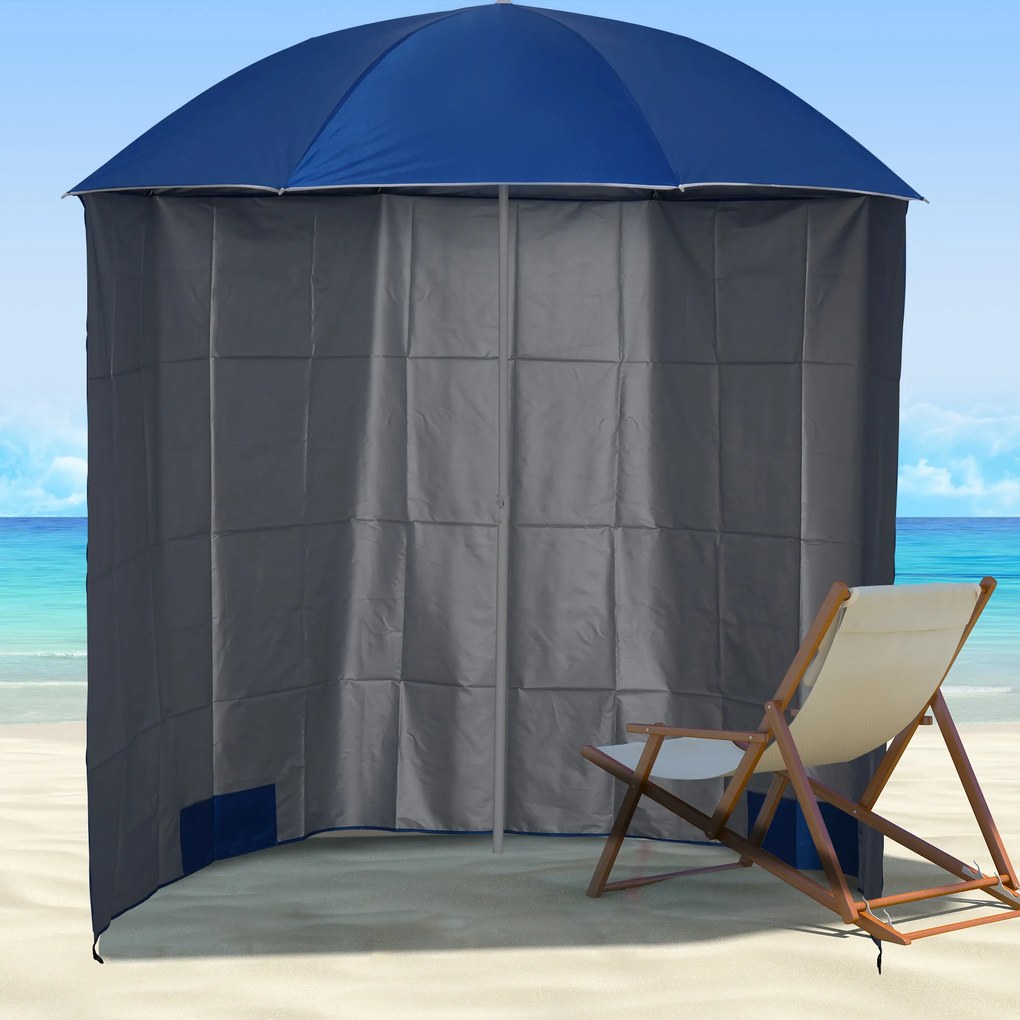 Outsunny Umbrelă de Plajă cu Perdea Laterală, Săculeți pentru Nisip și Țăruși, Ø220x220 cm, Albastru | Aosom Romania