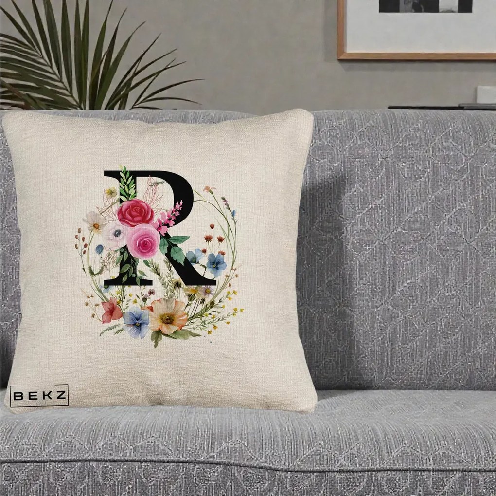 Cadou Personalizat - Perna Personalizata Monogram Litera R cu Flori Acuarela, 40x40 cm, Bej Canapea, Husa Detasabila, Perna Inclusa, BEKZ®