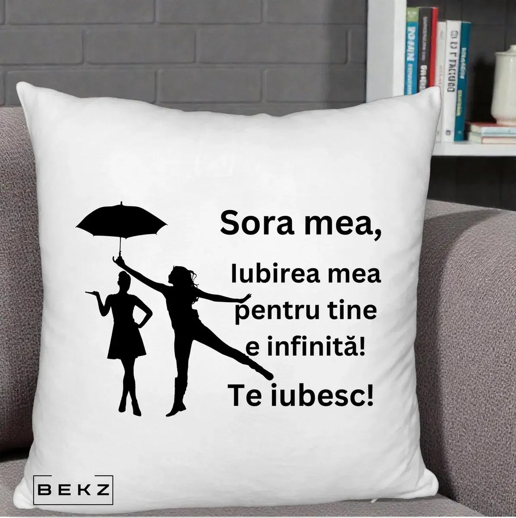 Cadou pentru Sora - Perna Personalizata Sora Mea Te Iubesc Siluete Negre cu Umbrela, 40x40 cm, Alb Pufos, Husa Detasabila, Perna Inclusa, BEKZ®