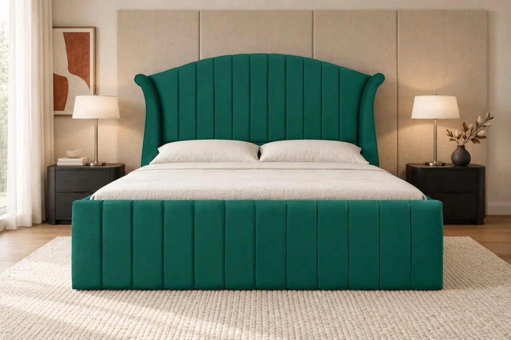 Pat tapițat din catifea Sorella Simple Line 180×200 cm, verde, cu ladă de depozitare