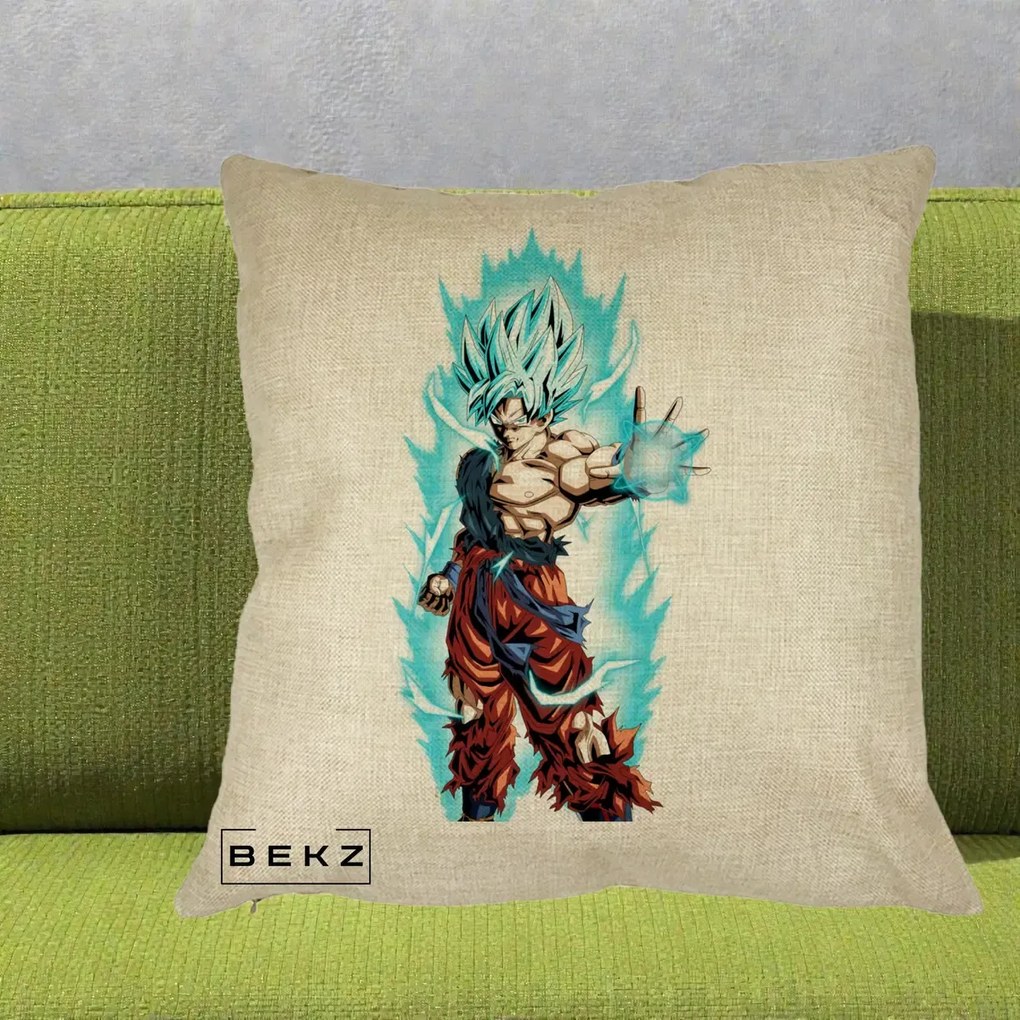 Perna Personalizata Dragon Ball Goku Ultra Instinct Blue, 40x40 cm, Crem, Husa Detasabila, Perna Inclusa, BEKZ®