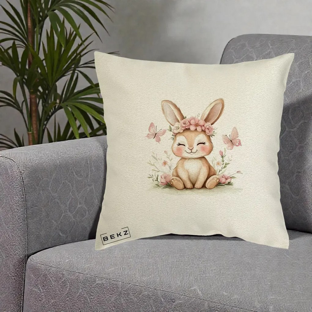 Perna Decorativa Iepuras cu Coronita Florala Roz, 40x40 cm, Ecru, Husa Detasabila, Perna Inclusa, BEKZ®