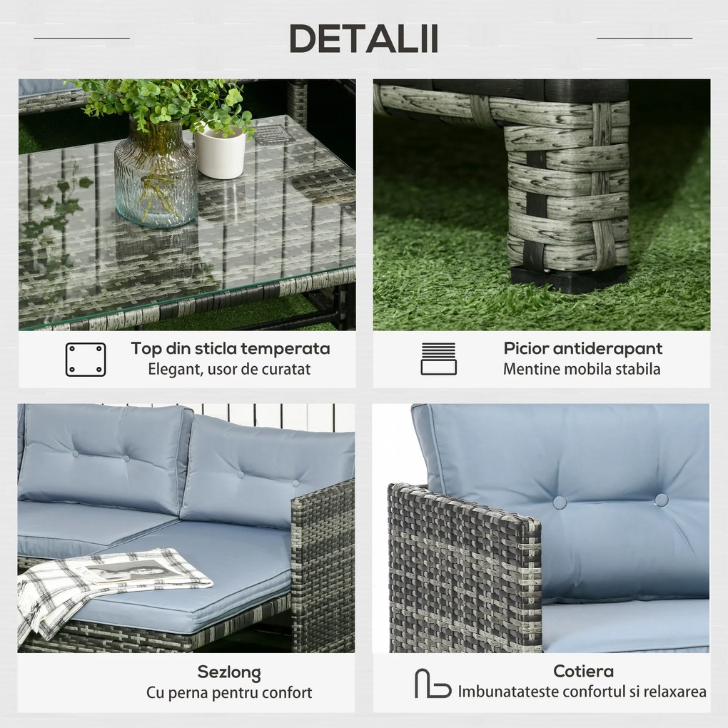 Outsunny Mobilier pentru Grădină cu Canapea cu 2 Locuri, Șezlong și Măsuță, Set pentru Grădină din Ratan, 62x124x62 cm, Gri | Aosom Romania