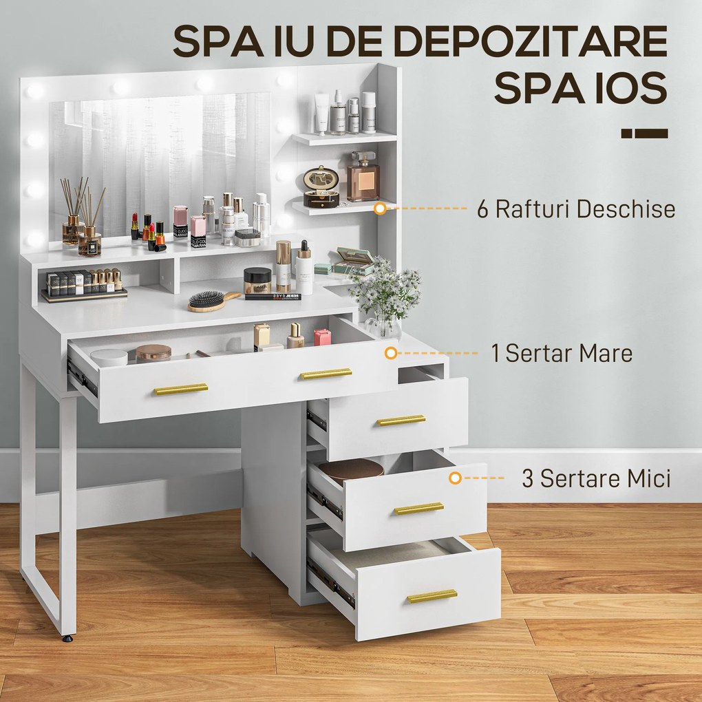 HOMCOM Masă de Machiaj Albă cu Oglindă, 4 Sertare și 6 Rafturi Deschise 100x40x138 cm | Aosom Romania