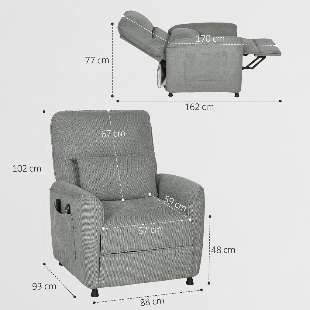 HOMCOM Fotoliu Relaxant Electric cu Masaj și Încălzire, Silențios, Reclinabil 150° în Cinilie cu Pernă, Funcție de Memorare, 2 Telecomenzi, Suport pentru Picioare, Pentru Living sau Birou, Gri Închis | Aosom Romania