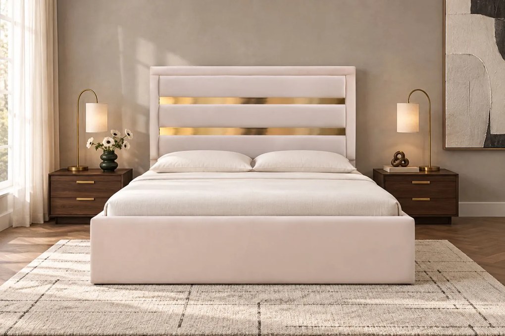 Pat tapițat din catifea Noren 120×200 cm, crem, detalii aurii, cu ladă de depozitare