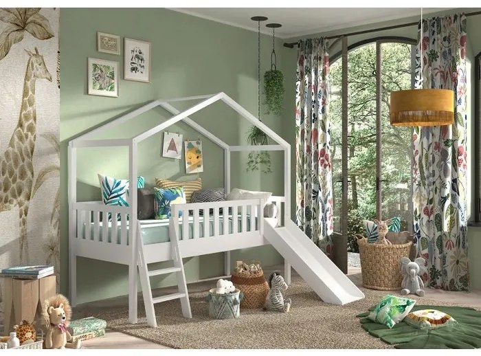 Pat Căsuță Supraetajat cu Tobogan, Alb, 90 x 200 cm, Pin Scandinavian – Dallas – Vipack