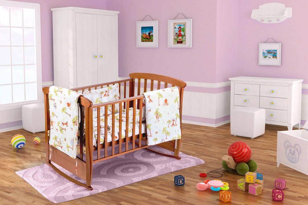 Set patut bebe, cearceaf cu elastic pentru saltea 60x120x10, pernuta 37×55, pilota 100×105, aparatori 180x45, model Jungle