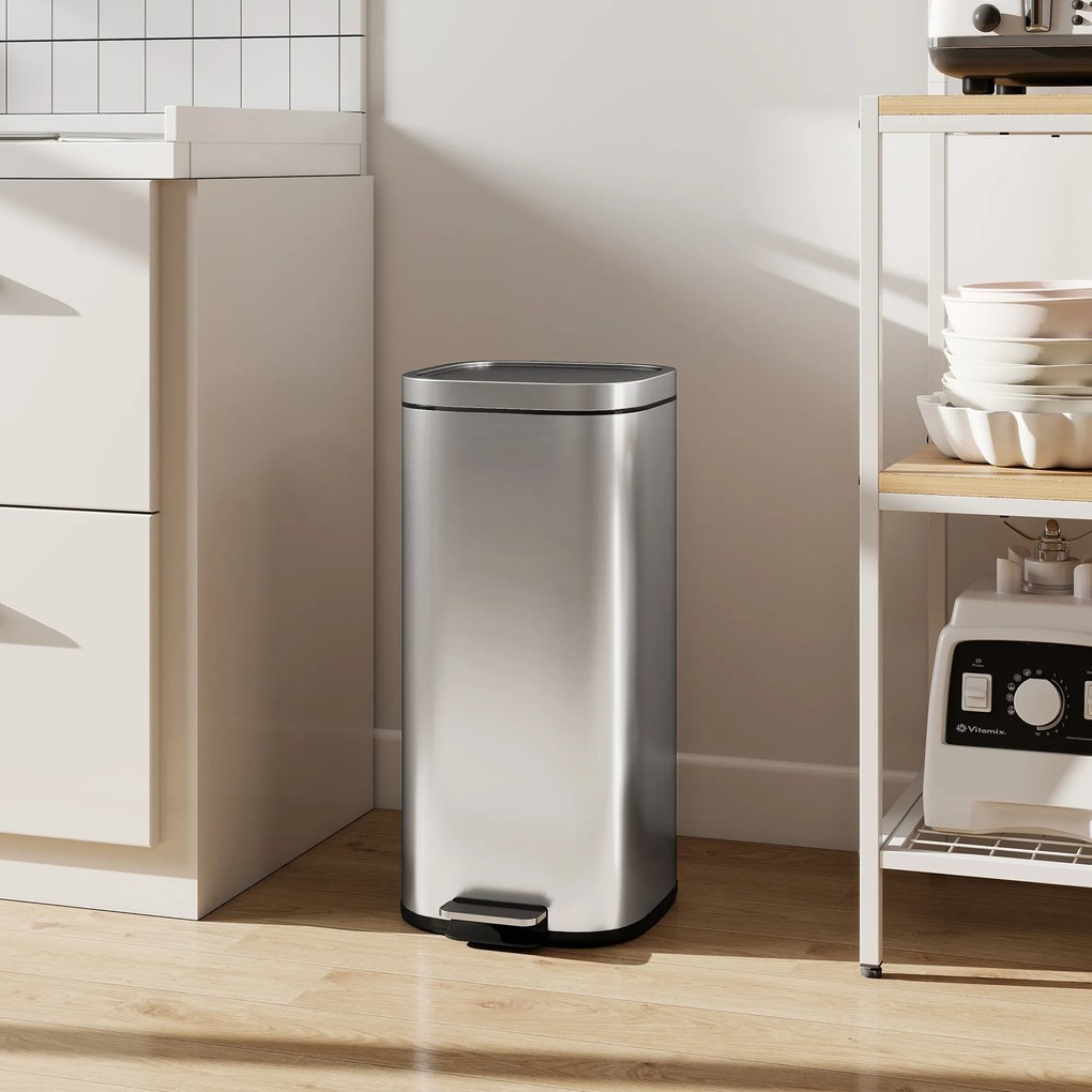 Coș de Gunoi HOMCOM de 30L cu Închidere Amortizată și Găleată Detașabilă, Pedală din Metal și PP, 29x36x59,5 cm, Argintiu | Aosom Romania