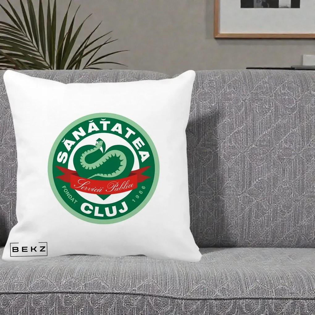 Perna Personalizata Sanatatea Cluj Servicii Publice 1986, 40x40 cm, Alba Mata, Husa Detasabila, Perna Inclusa, BEKZ®