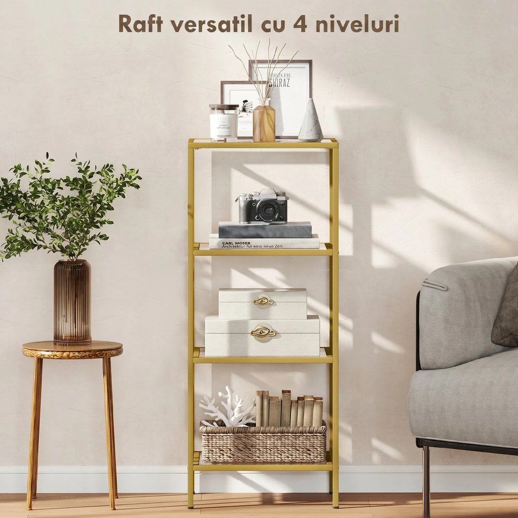 HOMCOM Unitate de Rafturi cu 4 Nivele, Raft de Sticlă, Raft de Stocare Vertical pentru Sufragerie, Birou Acasă, Dormitor, Baie, Tonuri de Aur | Aosom Romania