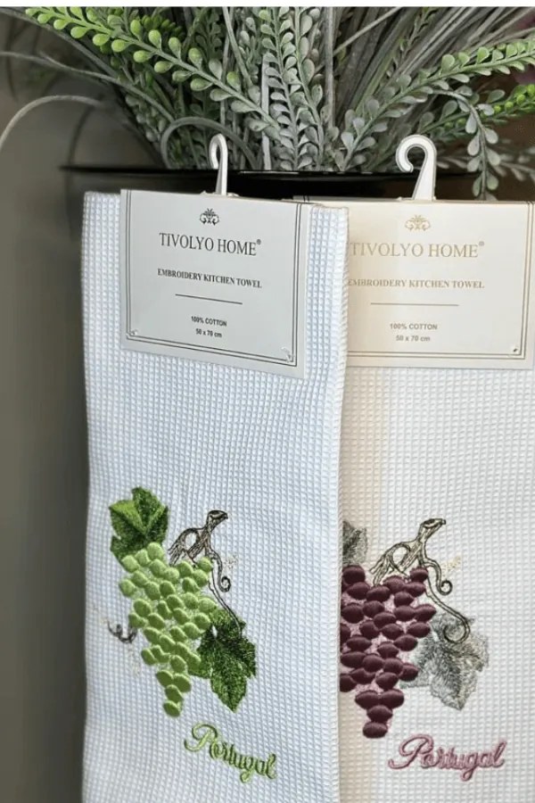 Prosoape de bucătărie WISTERIA, 3 buc Alb - broderie verde / Green embroidery Set (3 buc, 40x60 cm)