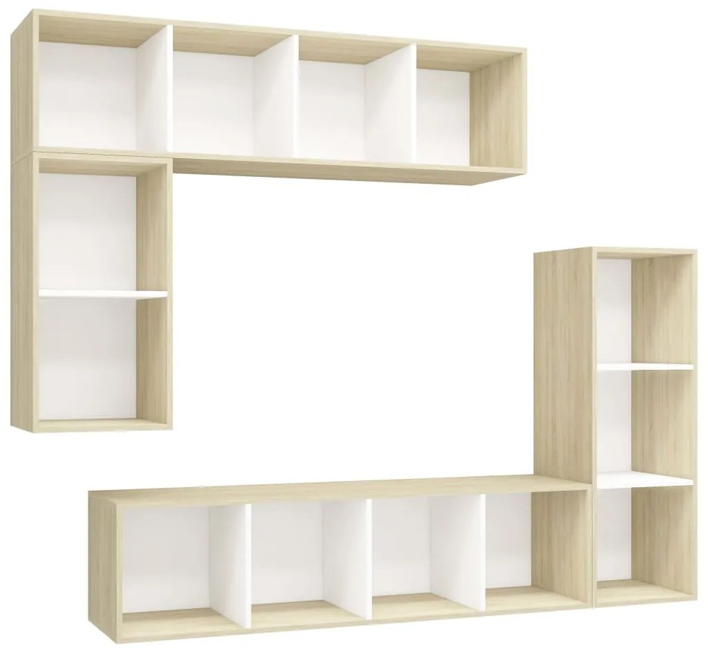 3079822 vidaXL Set de dulapuri TV, 4 piese, alb/stejar sonoma, lemn prelucrat
