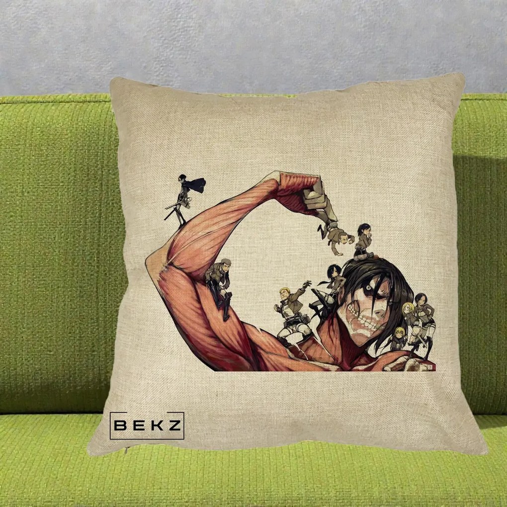 Perna Personalizata Attack on Titan Eren Titan Grup, 40x40 cm, Crem, Husa Detasabila, Perna Inclusa, BEKZ®