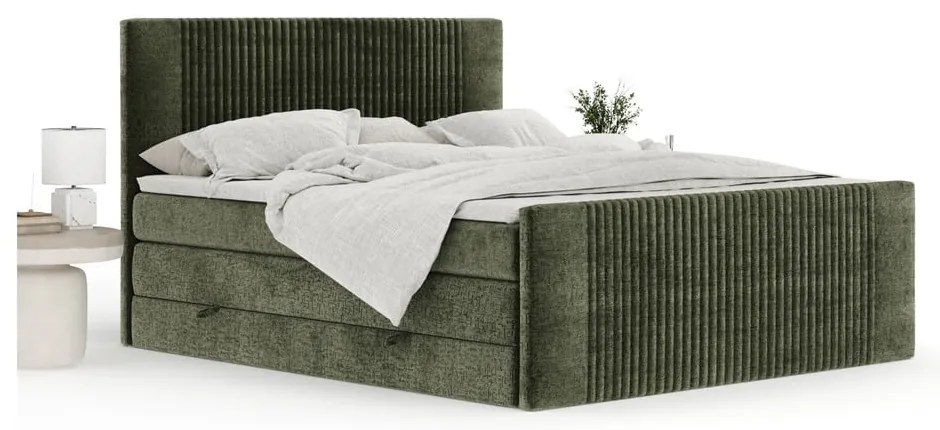 Pat boxspring verde închis cu spațiu de depozitare 160x200 cm Bergamo – Maison de Rêve