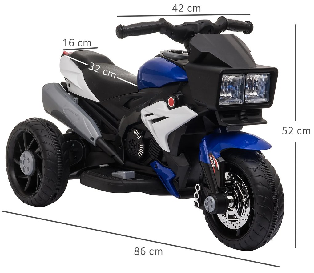 HOMCOM Motocicletă Electrică Copii 3-6 Ani, 3 Roți, Baterie 6V, din PP și Metal, Albastru Închis și Negru, 86x42x52cm | Aosom Romania