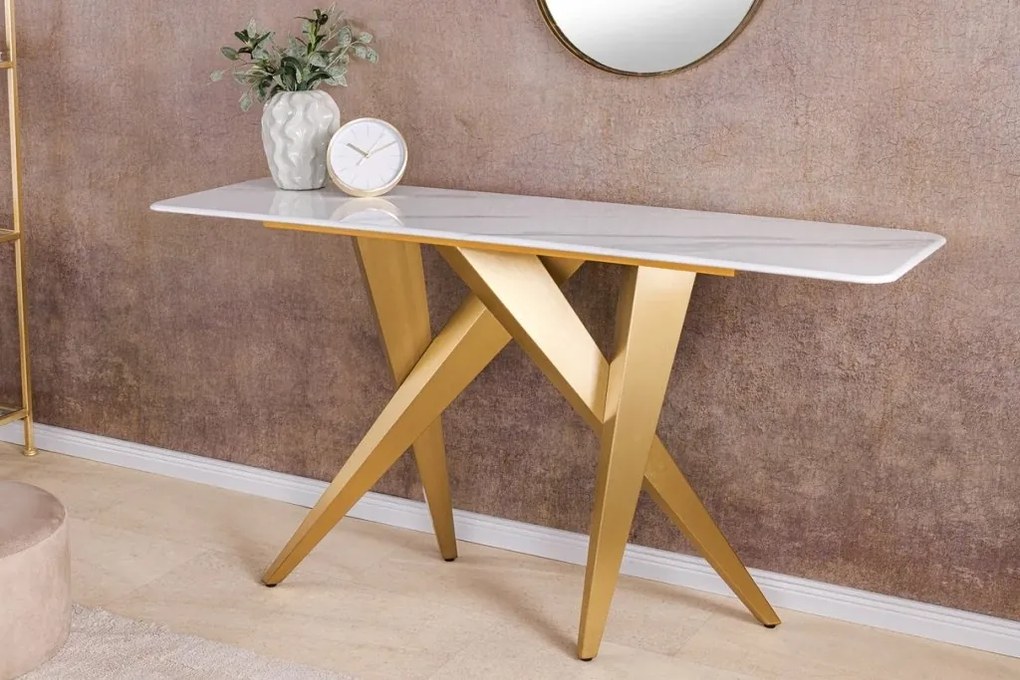 Consola design modern, Metal, Auriu, Ceramica, Alb, ART LIVING 140cm