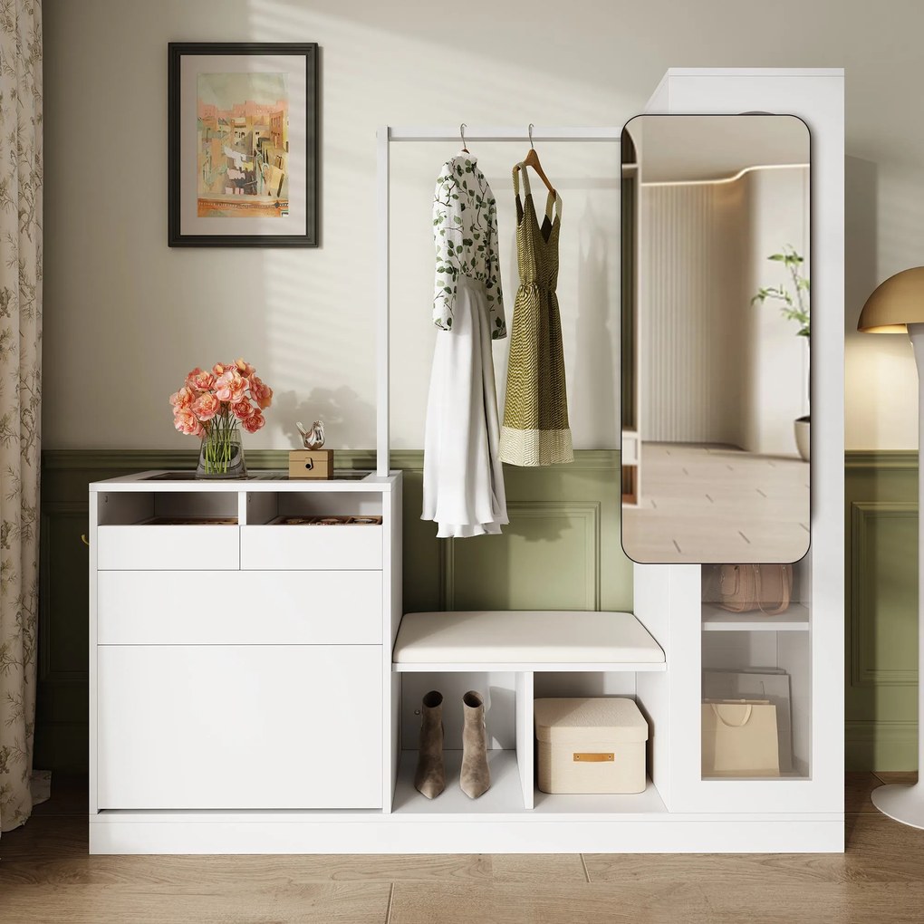 Combinație 6-în-1 pentru intrare cu iluminare LED, set cuier, masă de toaletă, bancă pentru pantofi, dulap rabatabil pentru pantofi și vitrină din sticlă, 163x35x161 cm, Alb