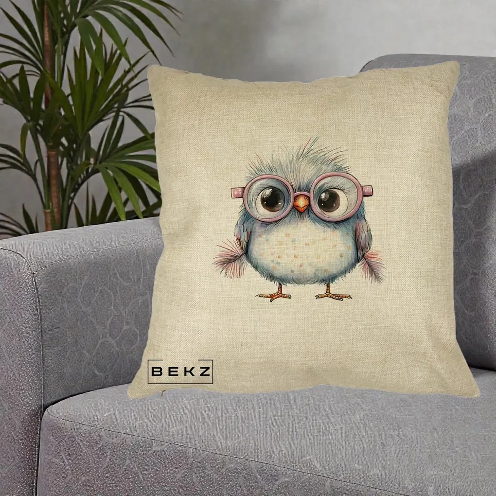 Perna Decorativa Pui Pufos cu Ochelari Roz, 40x40 cm, Crem, Husa Detasabila, Perna Inclusa, BEKZ®