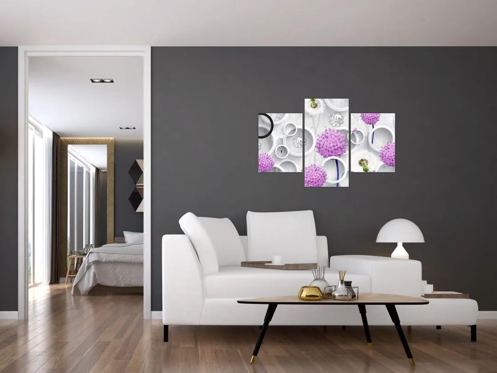Tablou cu abstracție 3D cu cercuri și flori (90x60 cm)