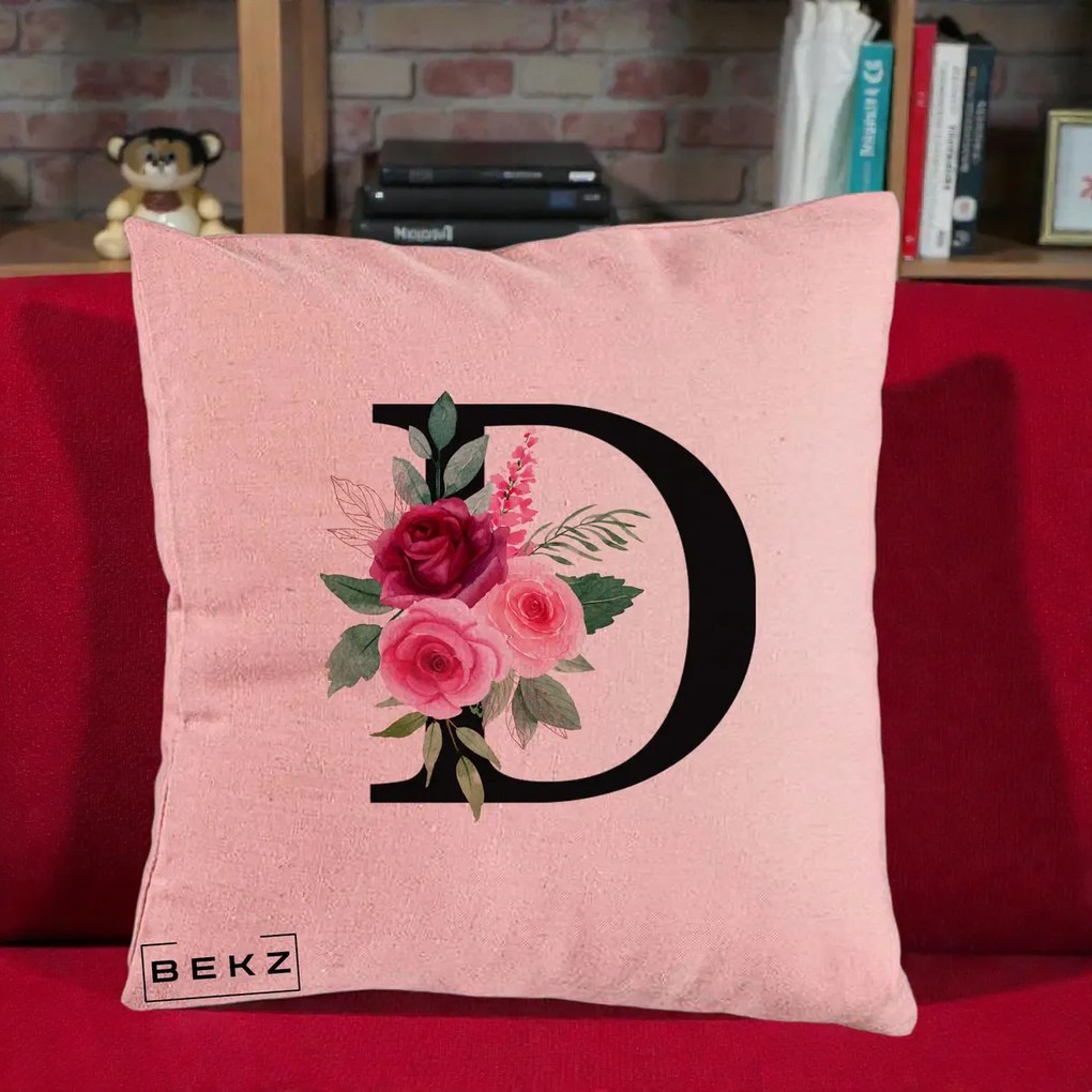 Cadou Personalizat - Perna Personalizata Monograma Florala Litera D, 40x40 cm, Roz, Husa Detasabila, Perna Inclusa, BEKZ®