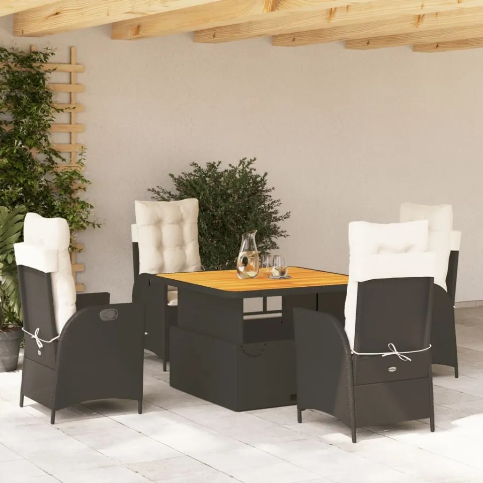 Set mobilier de grădină cu perne, 5 piese, negru, poliratan